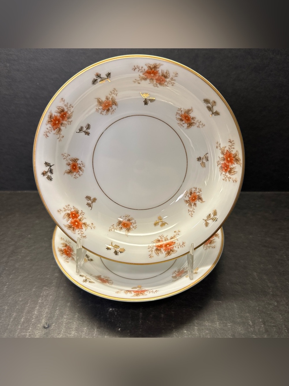 Vintage Noritake 5230 Dulcy Sauce Fruit Bowls Pair 5.6" Orange Floral Gold 1930s